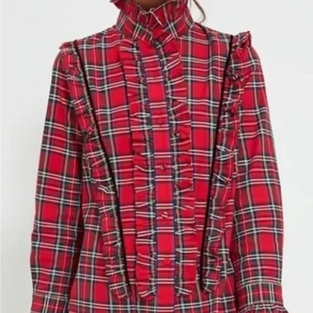 NWT TUCKERNUCK Red Plaid‎ Royal Stewart Tartan Ruffle Reagan Button Size L